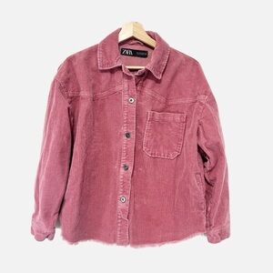 Zara Pink Corduroy Jacket Shacket Raw Hem Western Yoke Chore Coat Size Small